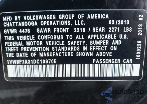 2013 Volkswagen Passat 2.5L Se from USA, damaged, VIN 1VWBP7A31DC109705